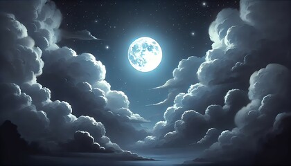 Wall Mural - A full moon glowing in a night sky filled with thick clouds. The stars are faint, but their presence adds a subtle texture to the sky. 