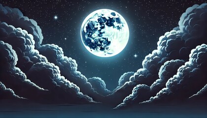 Wall Mural - A full moon glowing in a night sky filled with thick clouds. The stars are faint, but their presence adds a subtle texture to the sky. 