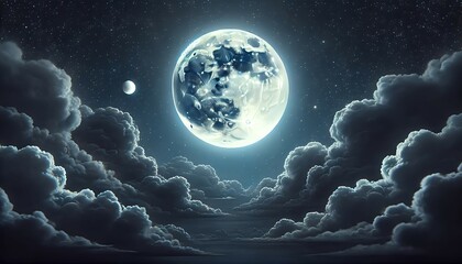 Wall Mural - A full moon glowing in a night sky filled with thick clouds. The stars are faint, but their presence adds a subtle texture to the sky. 