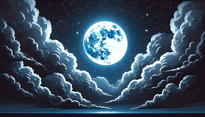 Wall Mural - A full moon glowing in a night sky filled with thick clouds. The stars are faint, but their presence adds a subtle texture to the sky. 