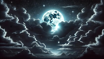 Wall Mural - A full moon glowing in a night sky filled with thick clouds. The stars are faint, but their presence adds a subtle texture to the sky. 