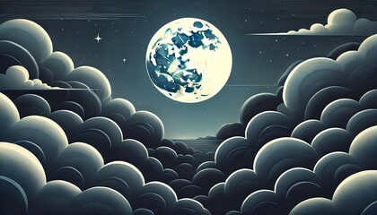 Wall Mural - A full moon glowing in a night sky filled with thick clouds. The stars are faint, but their presence adds a subtle texture to the sky. 