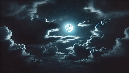 Wall Mural - A full moon glowing in a night sky filled with thick clouds. The stars are faint, but their presence adds a subtle texture to the sky. 