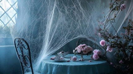 Wall Mural - Oversized spider web delicately draped in a pastel-themed setting