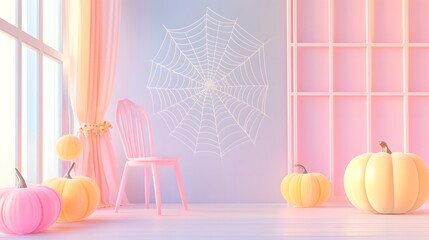 Wall Mural - Oversized spider web floating in a pastel-themed minimalistic Halloween setting