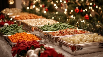 A festive holiday-themed food spread featuring vibrant carrots, green beans, and potatoes in silver chafing dishes, set against the backdrop of twinkling lights and decorations. 