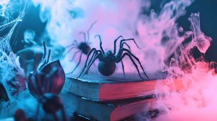 Wall Mural - Witchy word board in pastel tones with oversized spiders in the background