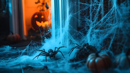 Wall Mural - Pastel-themed Halloween scene with oversized spiders and webs