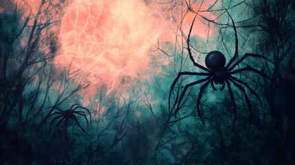 Wall Mural - Pastel-themed Halloween scene with oversized spiders and webs