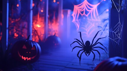 Wall Mural - Pastel-themed Halloween scene with oversized spiders and webs