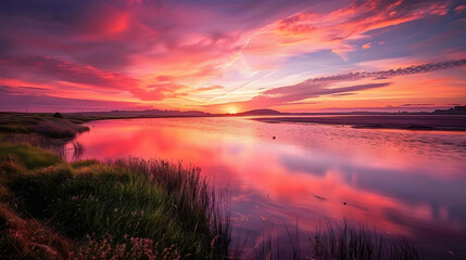 Wall Mural - book image of Beautiful vibrant sunset landscape image of Fleet Lagoon in Dorset England