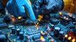 © andriyyavor - A close-up of gloved hands meticulously soldering electronic components on a circuit board, highlighting the precision and expertise required in electronics assembly and repair.