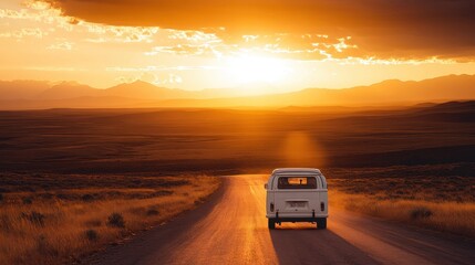 Wall Mural - Vintage Van on a Scenic Road at Sunset with Majestic Mountain Range in the Background