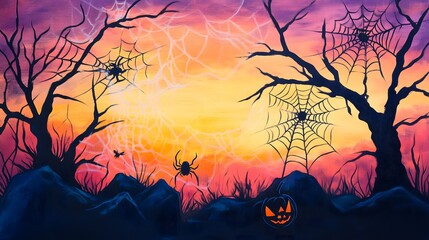 Wall Mural - Soft pastel Halloween scene with oversized spiders and webs