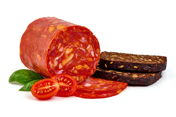 Canvas Print - Spanish pork chorizo sausage slices, close-up, isolated on white background.