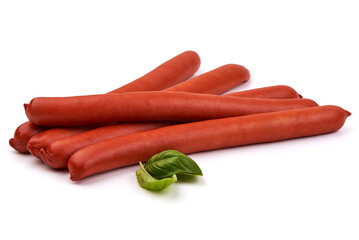 Smoked thin sausages, isolated on white background.