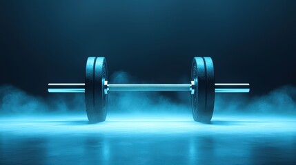 a sleek barbell rests on misty surface, illuminated by blue light, evoking sense of strength and det