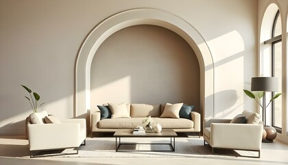 Wall Mural - Sofa and armchairs near stucco arch wall. Minimalist, japandi interior design of modern living room.
