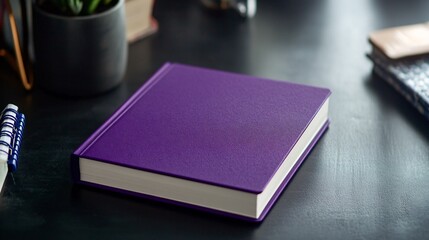 Vibrant purple notebook closed on a dark charcoal desk