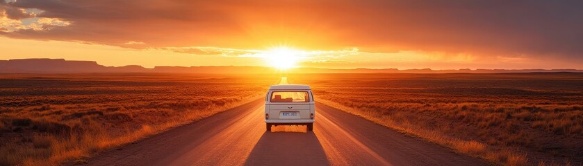 Wall Mural - Vintage Van Driving on Open Road at Sunset in Scenic Desert Landscape