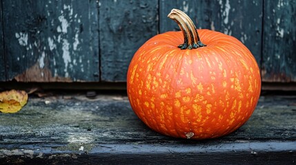Wall Mural - vivid orange pumpkin sitting on a dark charcoal doorstep