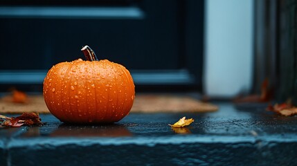 Wall Mural - vivid orange pumpkin sitting on a dark charcoal doorstep