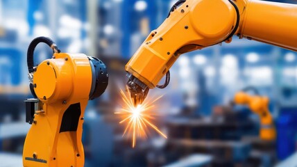 Two robotic arms engage in industrial welding, showcasing advanced automation and precision in a modern manufacturing environment.