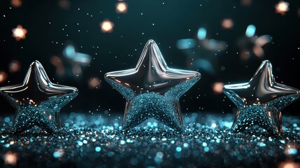 Shiny glass stars sparkle against dark background, creating magical and festive atmosphere. scene evokes feelings of wonder and celebration. 