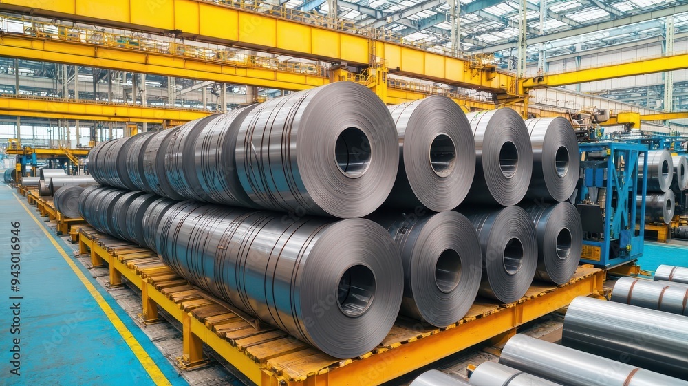 Coils of steel neatly stacked in an industrial factory, showcasing ...
