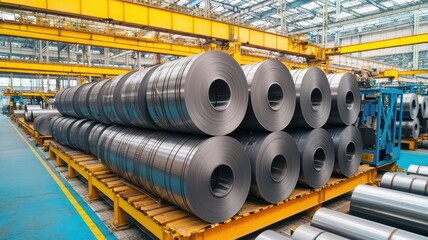 Coils of steel neatly stacked in an industrial factory, showcasing manufacturing and production processes in a modern facility.