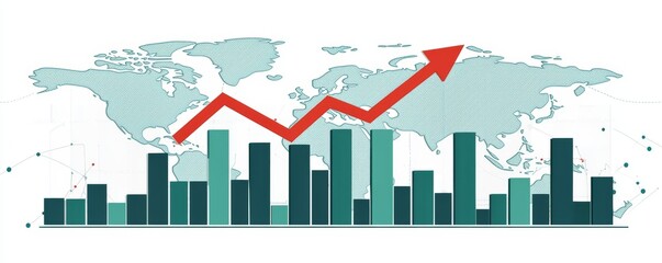 Poster - Global business growth illustration with red arrow showing increasing bar graph on world map background