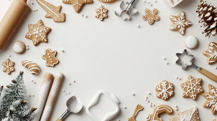 Wall Mural - Gingerbread cookies and baking tools flat lay on white background