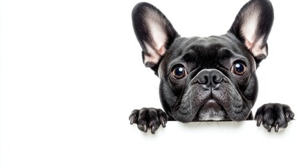 adorable black french bulldog peeking white edge