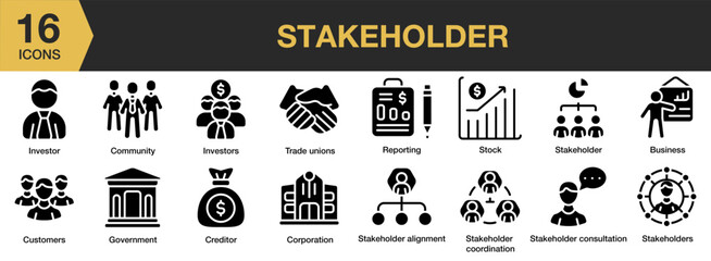 Wall Mural - Stakeholder solid icon set. Includes business community, corporation, creditor, customers, and More. Solid icons vector collection.