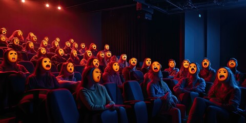 People in a theater with emoji masks.