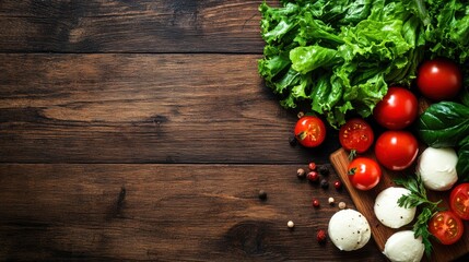 Wall Mural - Fresh vegetables mozzarella on wooden background for healthy cuisine