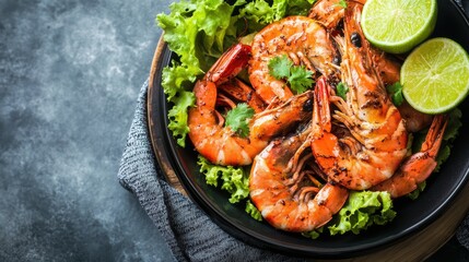 Wall Mural - grilled shrimp salad with fresh lime garnish on dark background