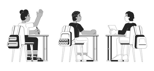 Poster - Diverse schoolkids sitting at desks black and white 2D line cartoon characters set. Tables pupils isolated vector outline people. Schoolchildren monochromatic flat spot illustrations collection