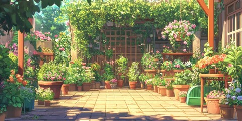 Sunny patio with colorful flowers and plants.