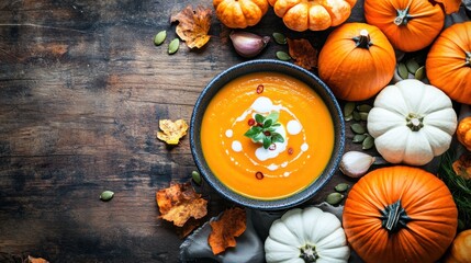 Wall Mural - Autumn pumpkin soup with cream herbs on rustic table