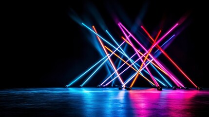 Dynamic display of colorful laser beams dancing in a dark environment, creating a vibrant and energetic atmosphere.