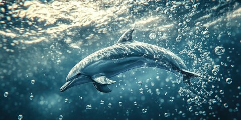 A dolphin swims through a sea of bubbles.