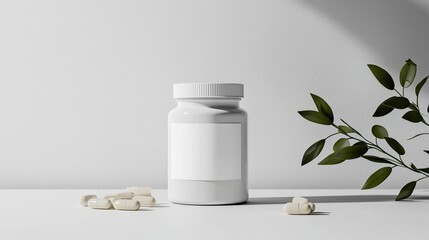 A white supplement bottle with pills and green leaves, symbolizing natural ingredients in food supplements.