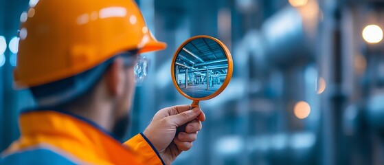 Engineer s hand holding a magnifying glass to examine a pipe in an industrial facility, close-up, intricate details of the pipe and the industrial environment in focus