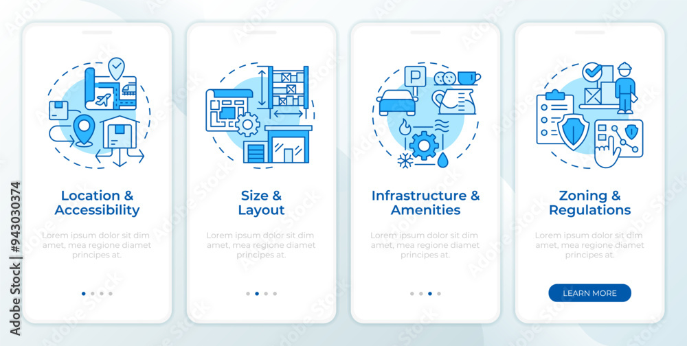 Industrial realty features blue onboarding mobile app screen ...