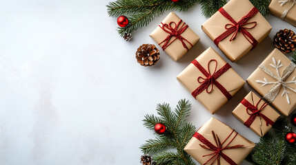 Poster - Xmas greeting card design featuring beautifully arranged Christmas presents on a white backdrop, top-down perspective