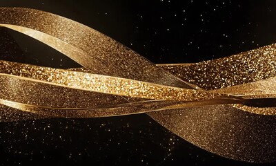 Poster - Golden ribbons dance gracefully in a dark space, creating a mesmerizing visual display of light and texture. Generative AI
