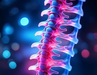 illustration glowing abstract spinal column blue pink color scheme bokeh effect high resolution high details vibrant