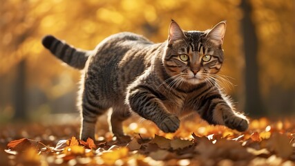 Wall Mural - {Photorealistic: A detailed photograph of an English tabby cat mid-leap, captured in mid-air with its paws outstretched, fur catching the light, sharp focus on the cat, background showing blurred autu