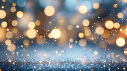 Wall Mural - Golden bokeh lights on blue background festive atmosphere